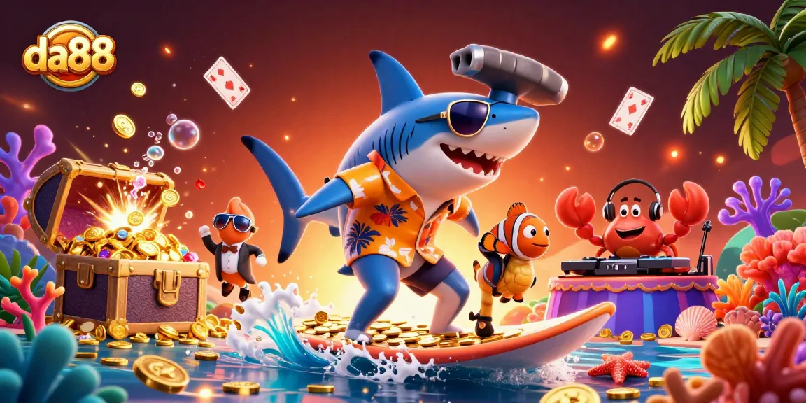 Engage with da88's vibrant slots experience featuring a shark, clownfish, and crab DJ.