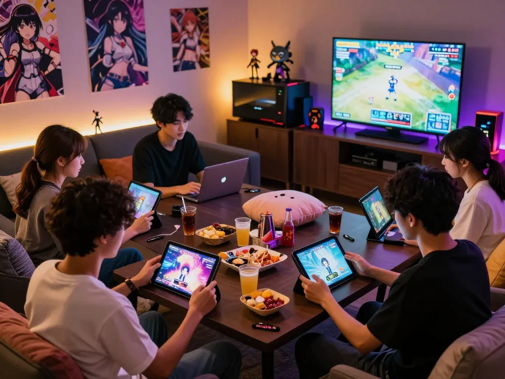Group enjoying free porn games in a cozy lounge, showcasing vibrant gaming culture.