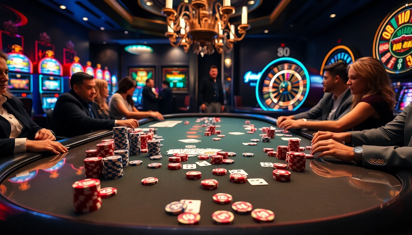 Experience the thrill of high-stakes gambling at GO 88 with vibrant poker tables and excited players.