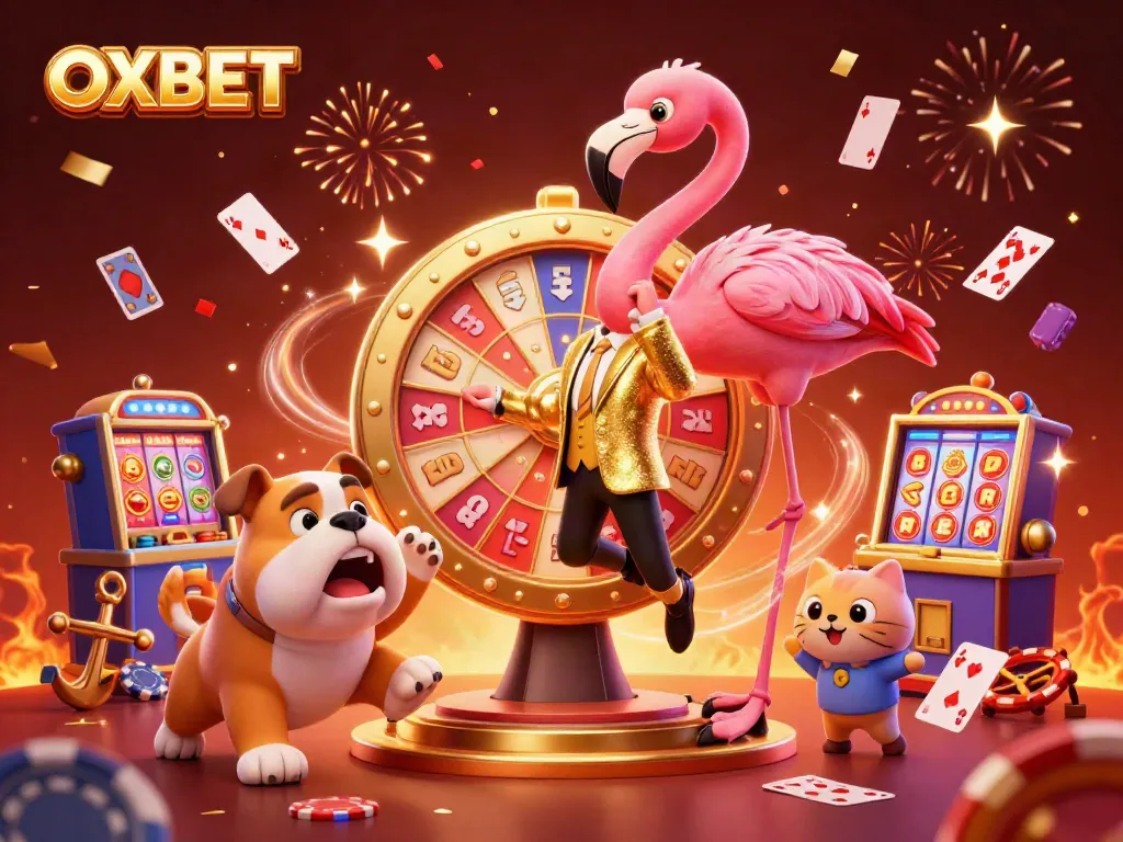 Engage with OXBET's exciting gameplay, featuring a vibrant illustration of a flamingo host, bulldog contestant, and prizes galore.