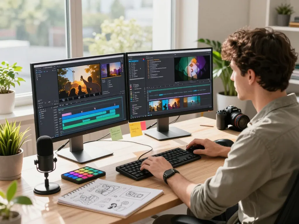 Video to prompt generator in action at a bright editing studio, creator focused on AI-driven video editing tools.