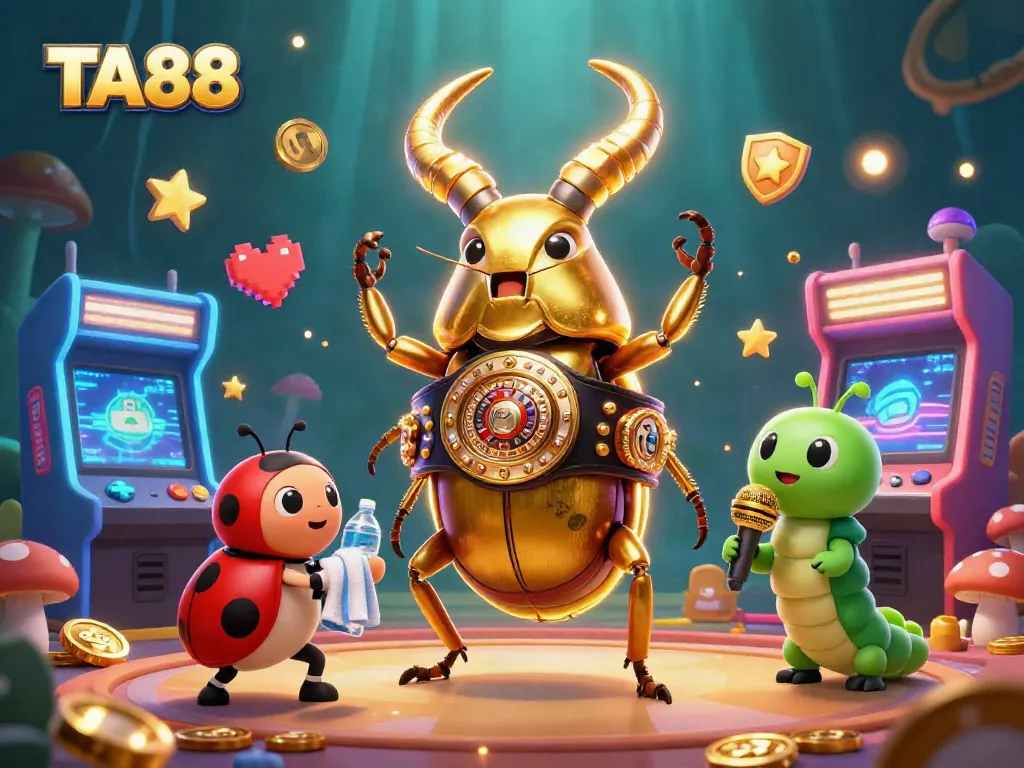 Engage in thrilling casino games at TA88 with a spectacular scene featuring a giant golden stag beetle.