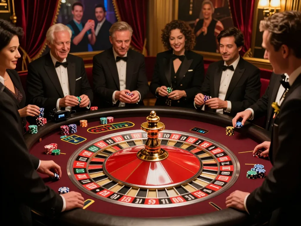 Players engaging in a thrilling roulette game at 7m cn casino, chips stacked, excitement in the air.