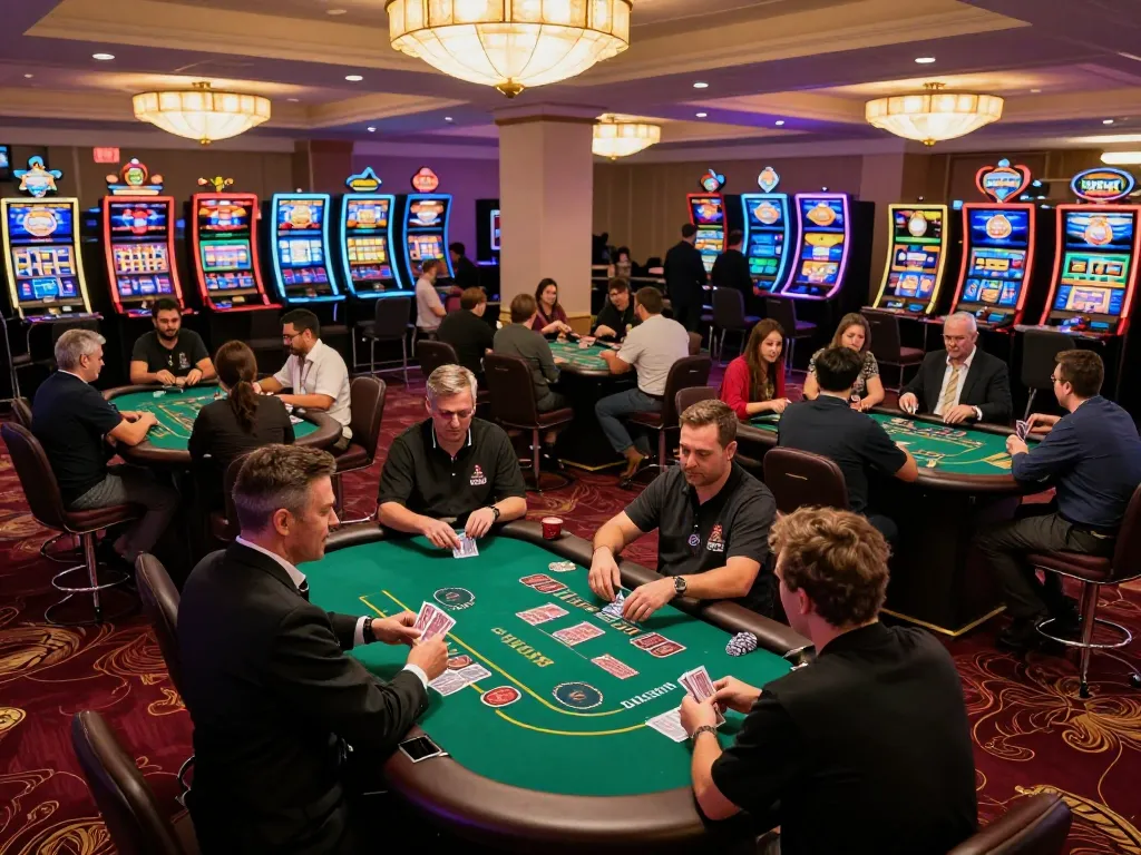 Players enjoying blackjack at 888vnd's upscale casino, showcasing vibrant atmosphere and excitement.