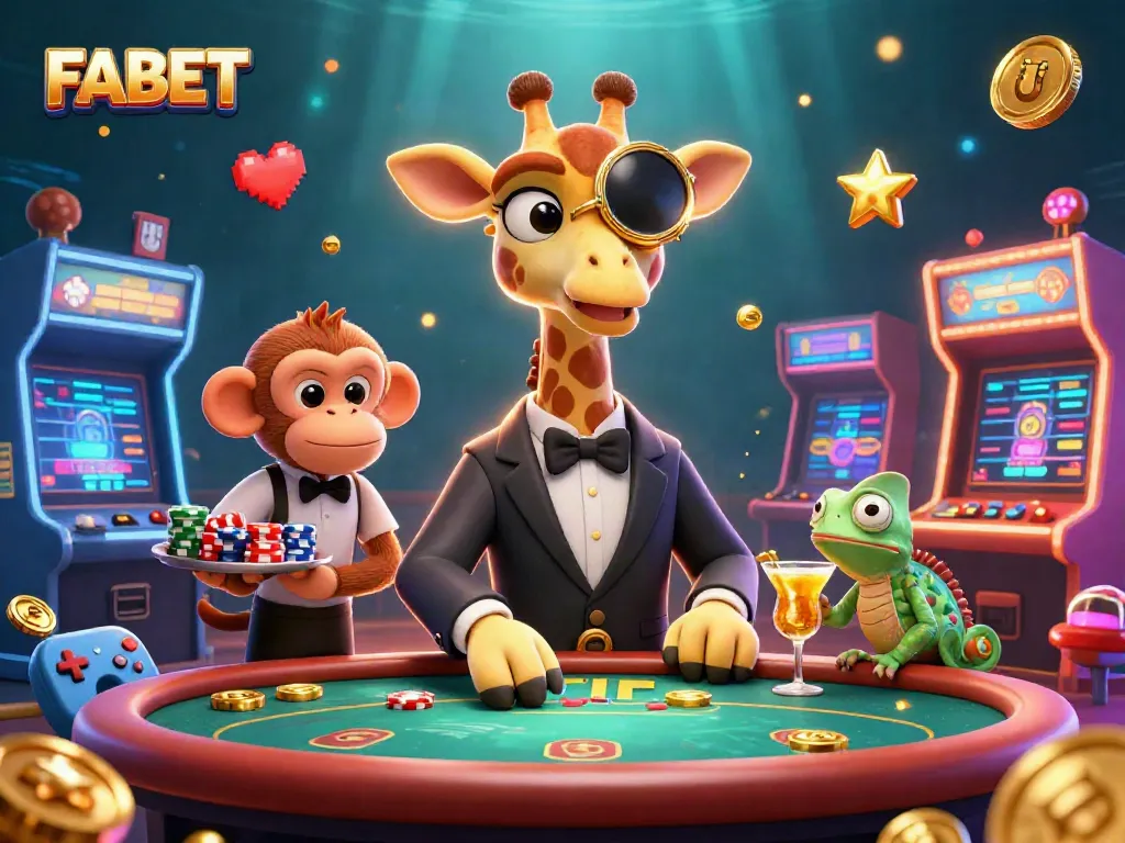 Experience the excitement of FABET with a high-roller giraffe, poker table, and vibrant gaming elements.
