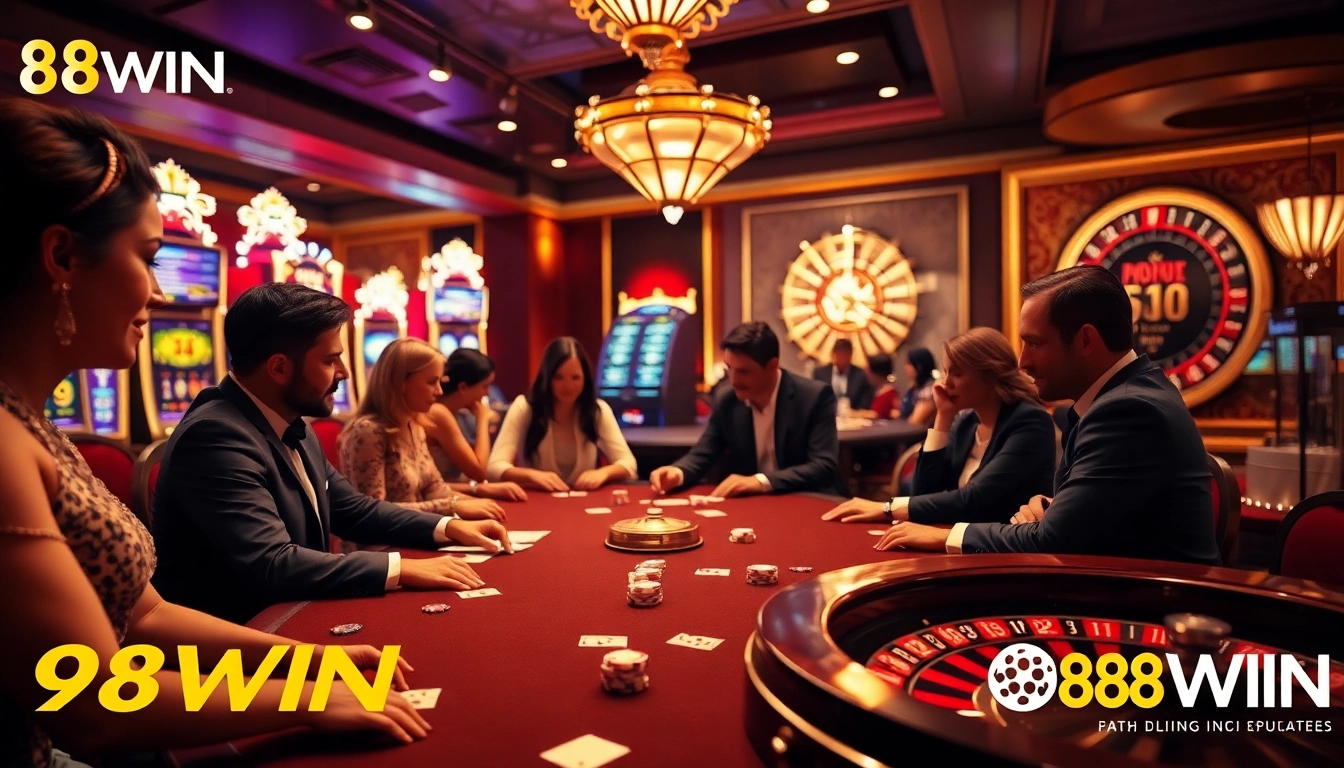 Winning players celebrating at a vibrant 98WIN casino table, surrounded by excitement and luxury.