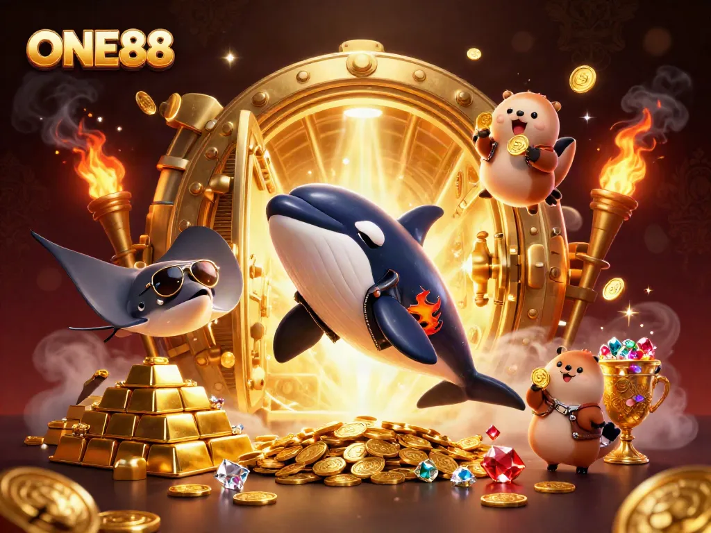 ONE88 features a playful scene with a cartoon orca whale and otters amid gold treasures, showcasing excitement in gambling.