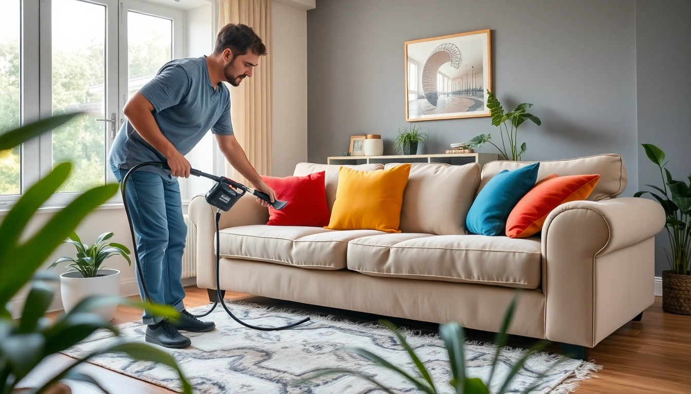 Couch cleaning in Glasgow with a professional technician steam cleaning a sofa in a bright living room.