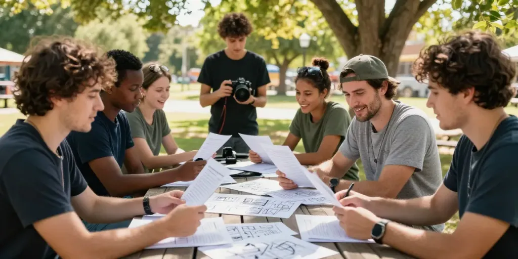 Aspiring filmmakers collaborating outdoors, trying here with camera and scripts.