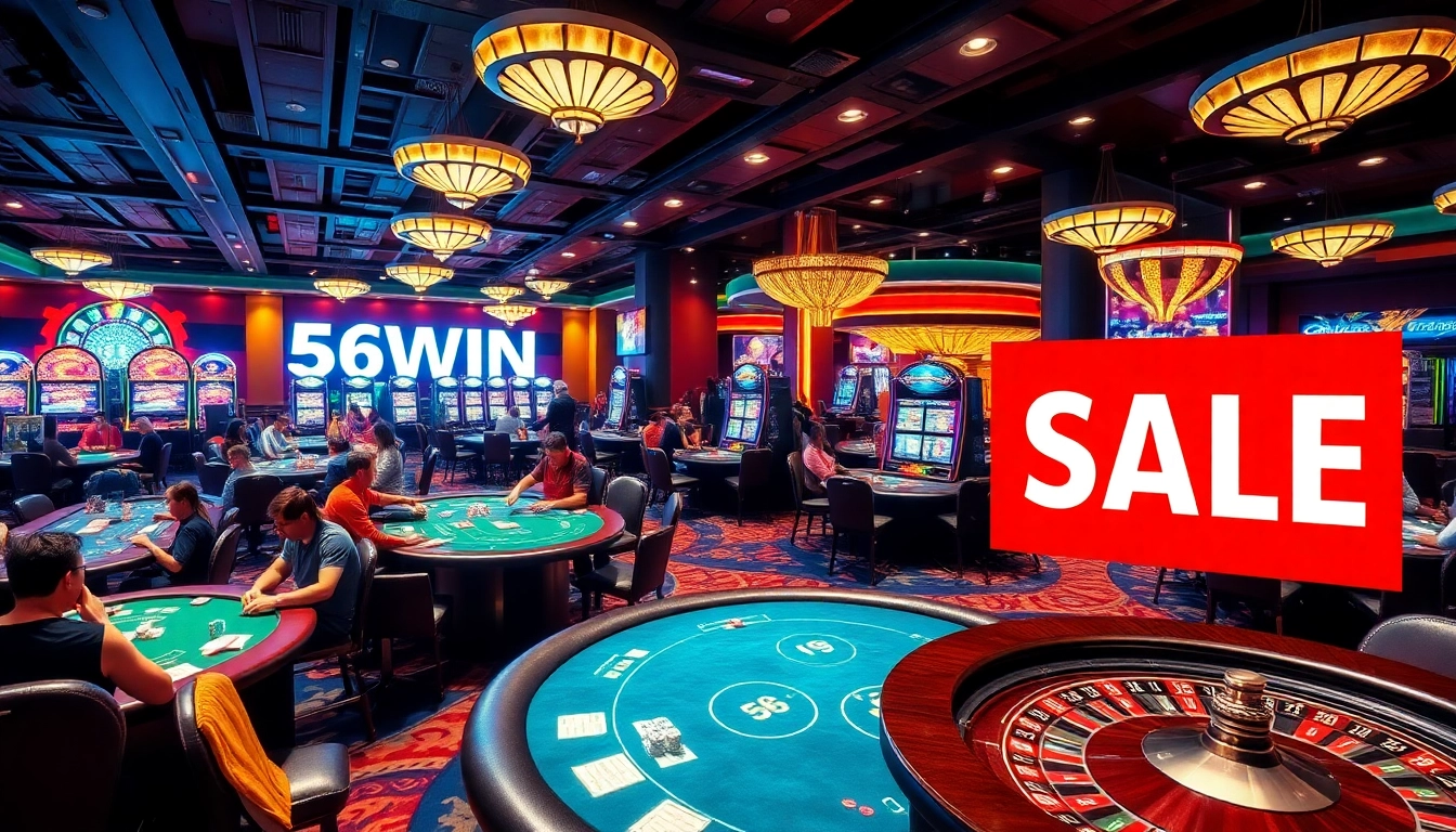 Experience the thrill of the casino with chips and cards in a vibrant 56WIN SALE atmosphere.