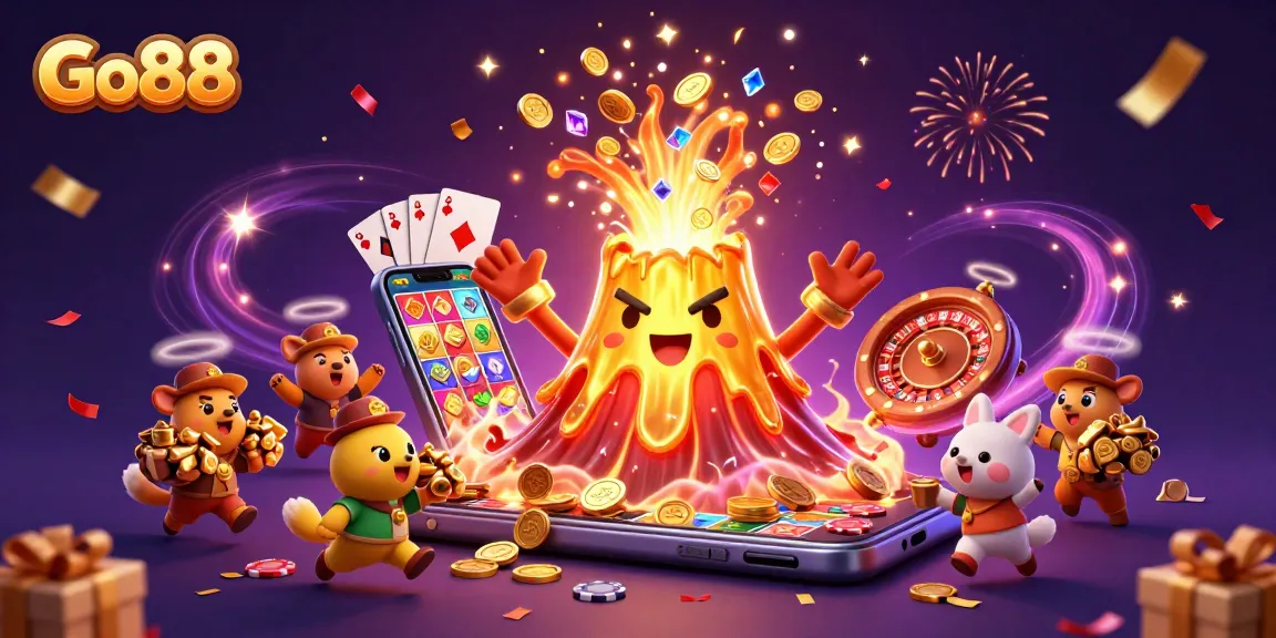 Go88 thrills players with a rich 3D scene of a golden volcano erupting treasure in a vibrant casino landscape.