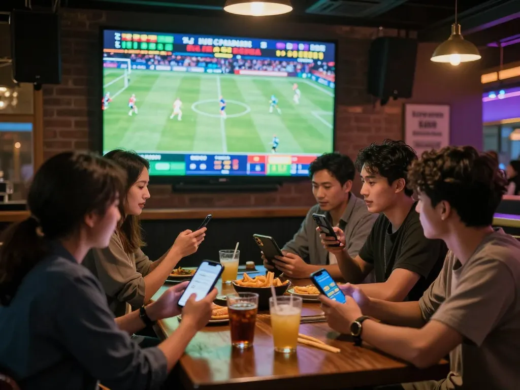 SIN88 users intensely engaging in live sports betting with smartphones in a festive atmosphere.