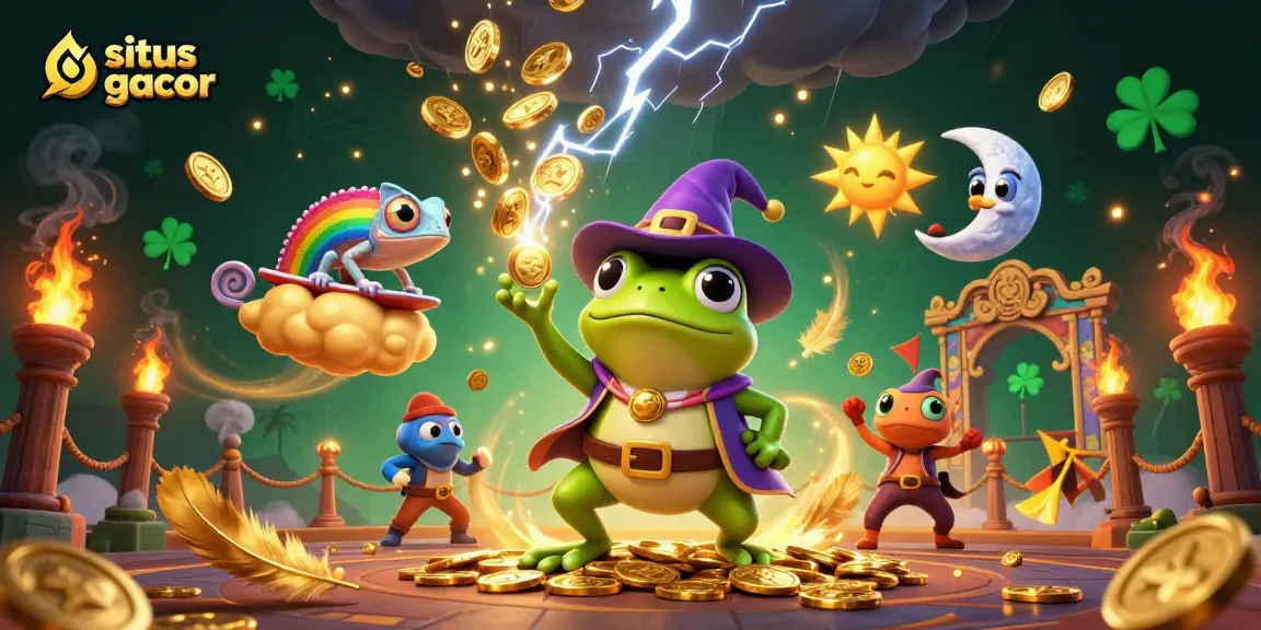 Experience the excitement of situs gacor with a magical scene of a wizard frog creating a storm of golden coins.