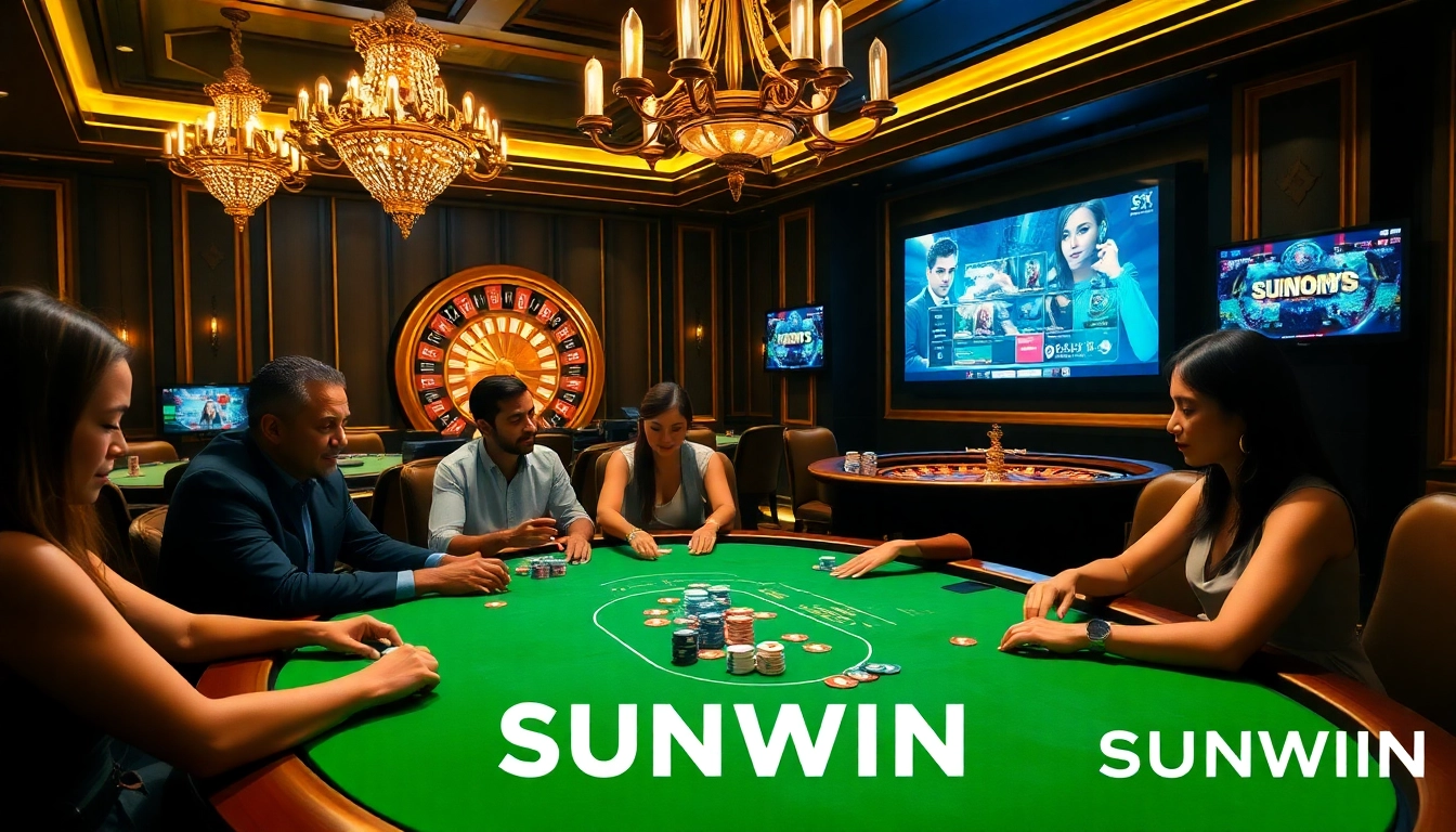 Exciting poker gameplay at SUNWIN casino with vibrant chips and roulette tables.