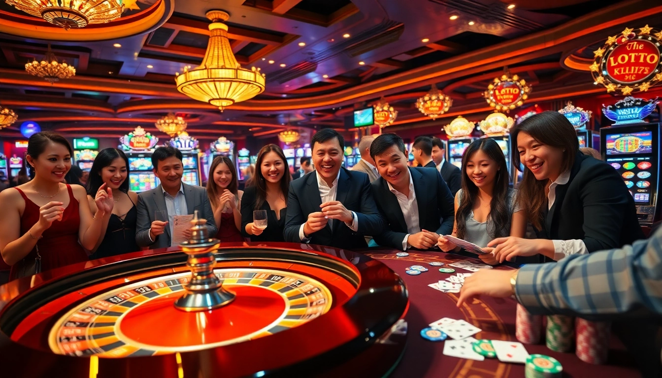 Lively casino atmosphere showcasing lô kép miền bắc with gamblers on a roulette table.