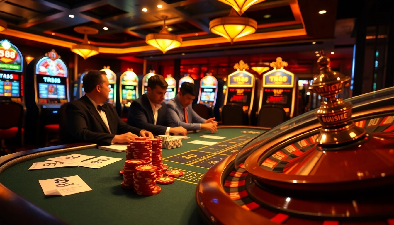 The vibrant poker scene showcasing TR88-themed chips amidst an exciting casino atmosphere.
