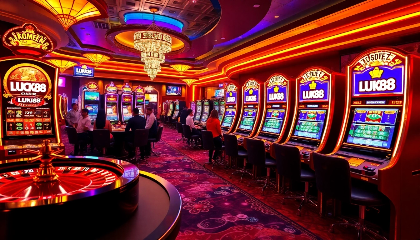 LUCK88 slot machines vibrant scene with excited players in an immersive casino atmosphere.