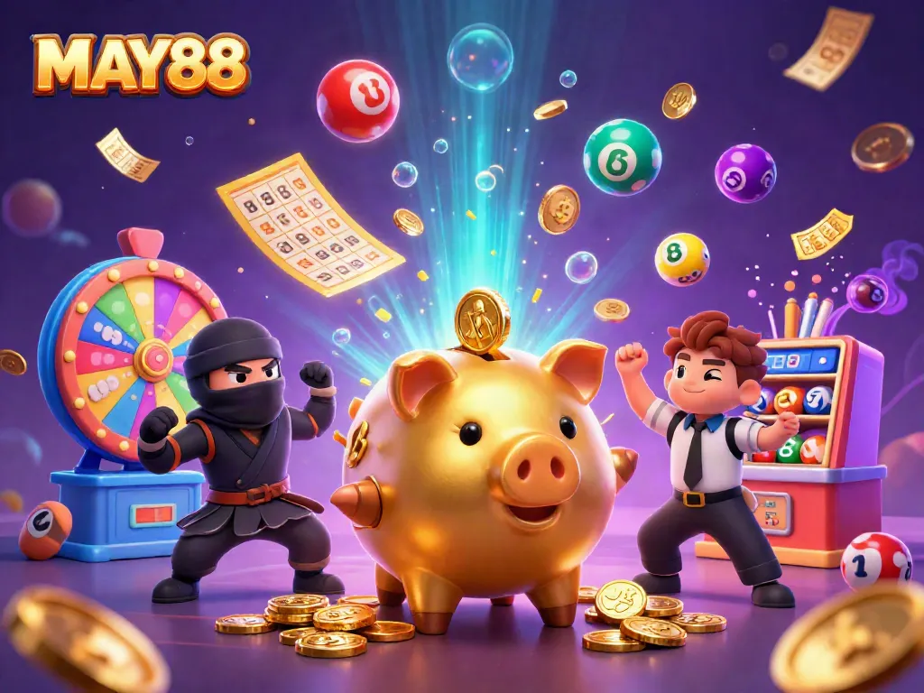 MAY88 showcases a dynamic gaming scene with a golden piggy bank and vibrant casino elements.