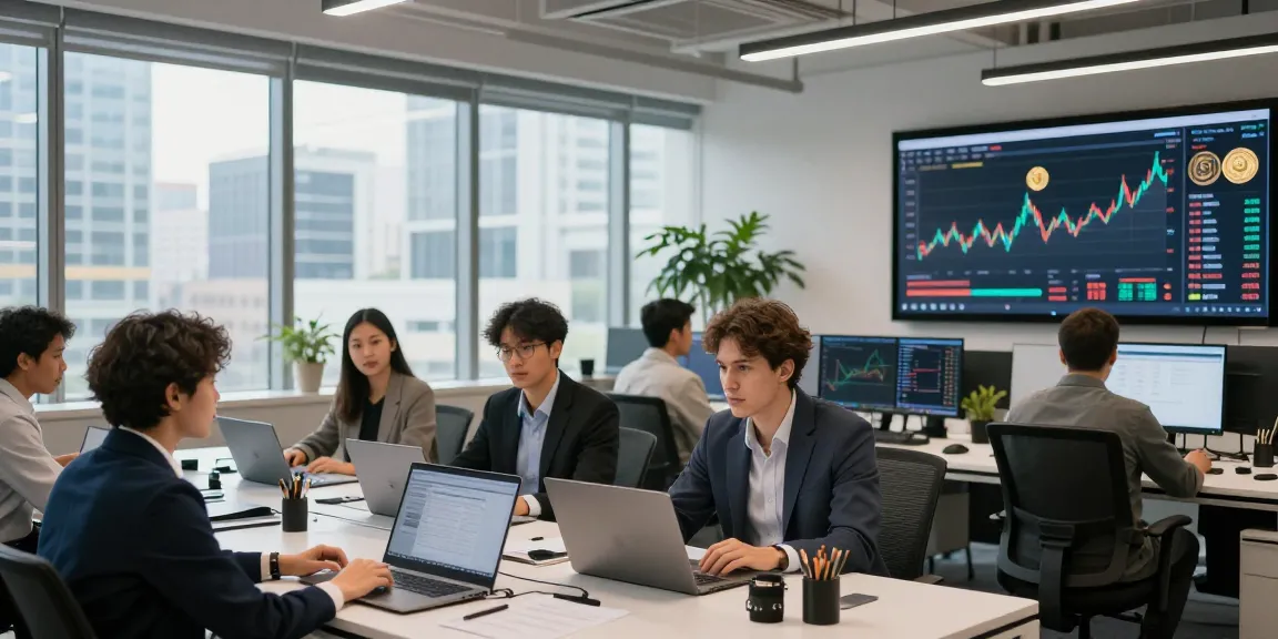 Invest in BRICS coins in a dynamic financial hub scene with investors analyzing market trends.