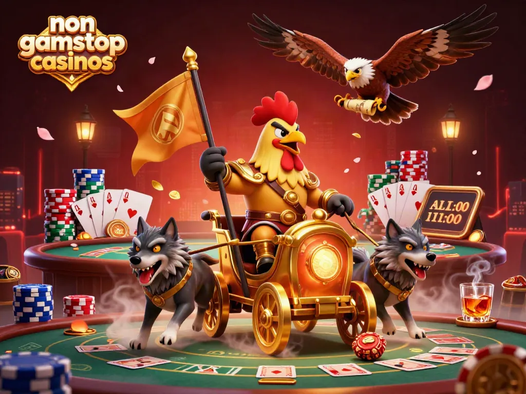 Engage in thrilling action at non gamstop casinos, featuring a 3D rooster warlord and poker elements.