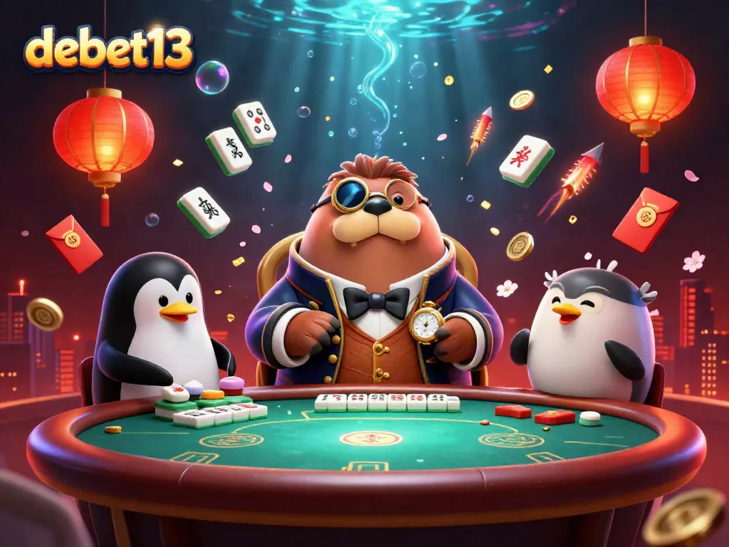 Engaging scene of debet13 featuring a joyful walrus, penguin dealer, and pufferfish at an underwater poker table, surrounded by rich decorations.