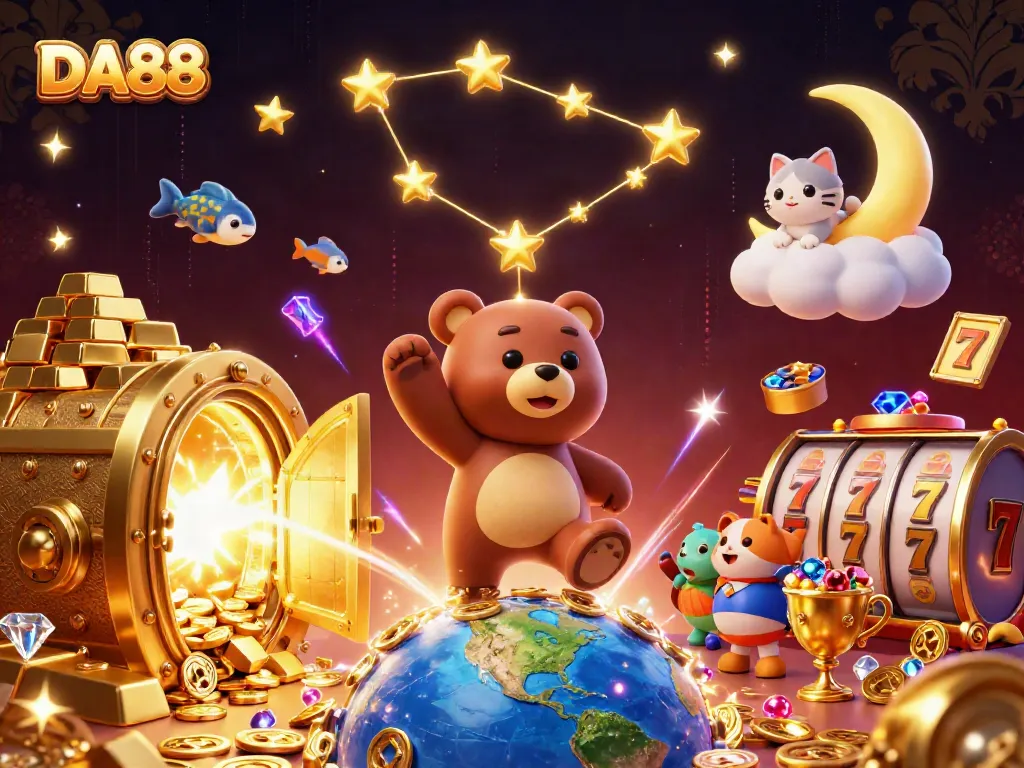 DA88 offers thrilling casino action with vibrant 3D illustration of winnings, coins, and treasures