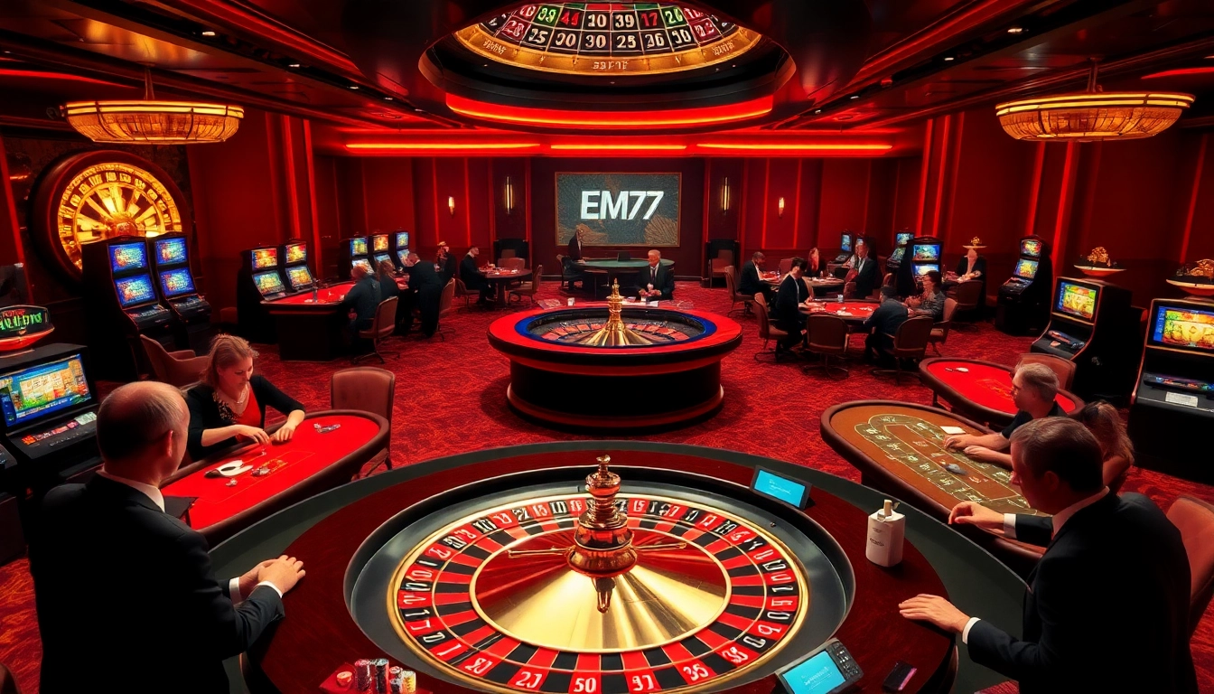 Experience the excitement of EM777 with vibrant slot machines and a luxurious casino atmosphere.
