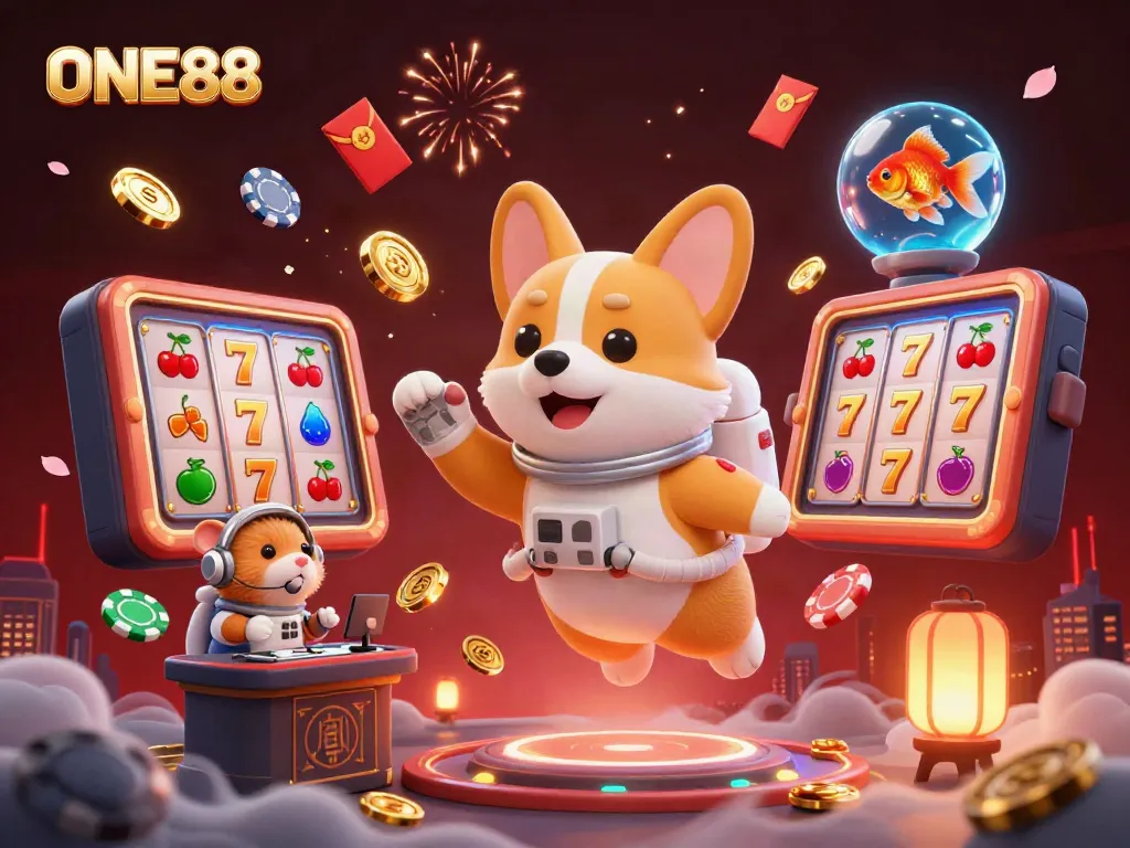 Immerse in the ONE88 casino adventure with a floating corgi, golden coins, and slots!
