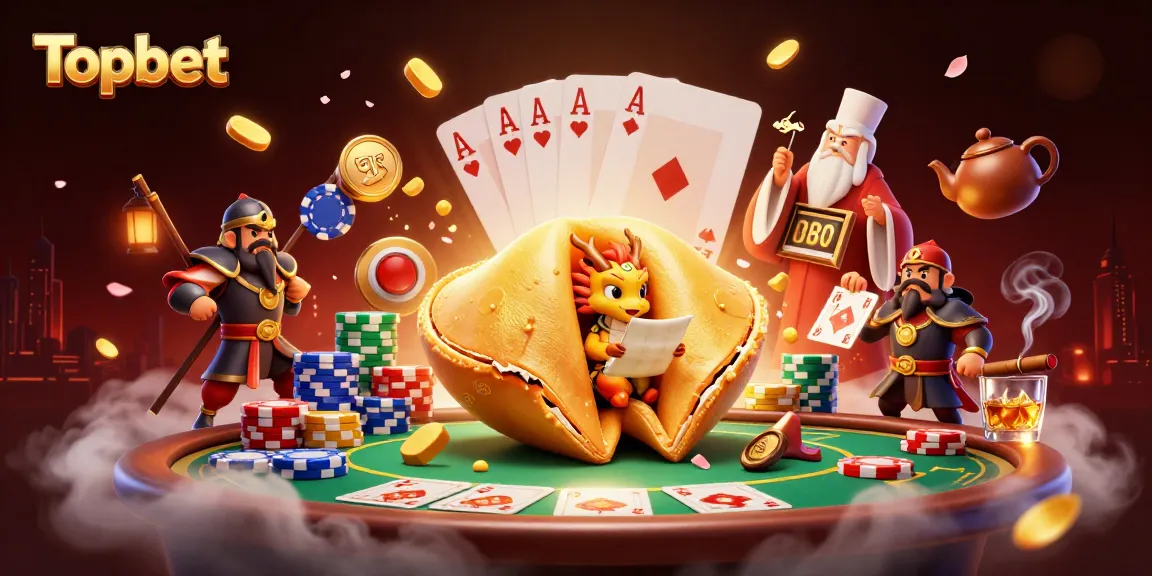 Topbet's vibrant casino scene showcases a golden fortune cookie and dynamic poker elements.