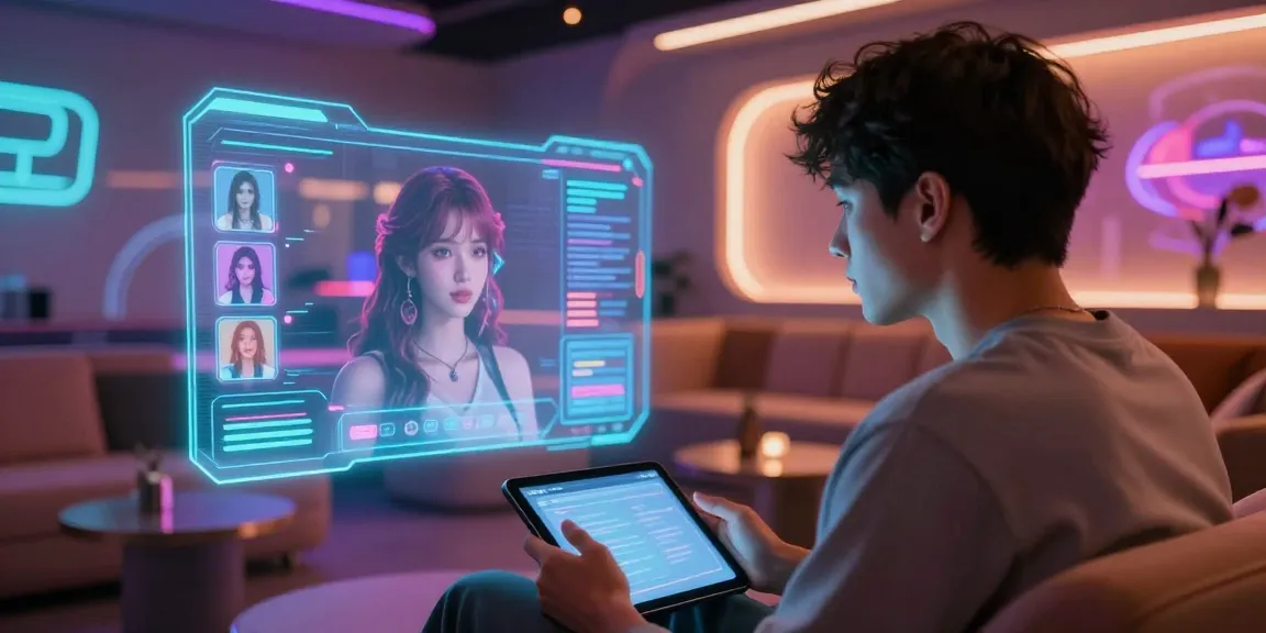 Engaging NSFW AI conversation in a futuristic lounge with customizable digital companion.