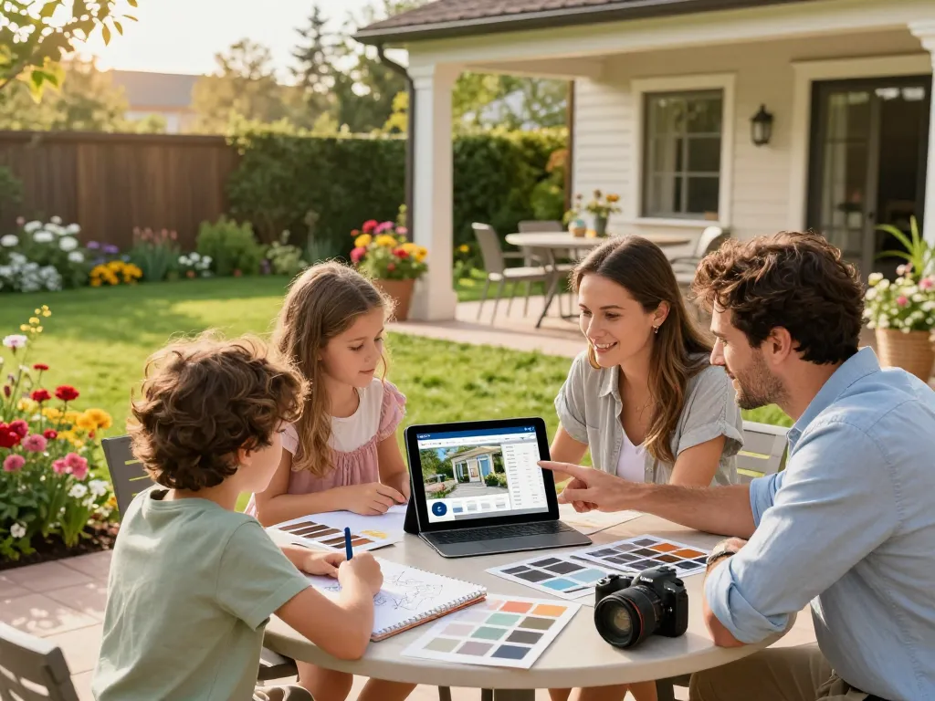 Family using a veranda configurator app to design their dream outdoor space.