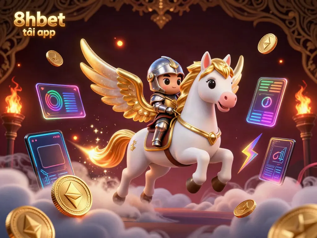 Experience the thrill of 8xbet tải app with an energetic scene featuring a celestial knight on a winged horse amidst glowing coins.