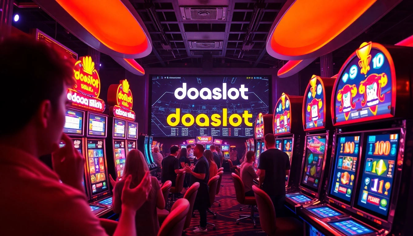 Exciting view of vibrant slot machines in an online casino with doaslot branding in the background, showcasing the thrill of gambling.