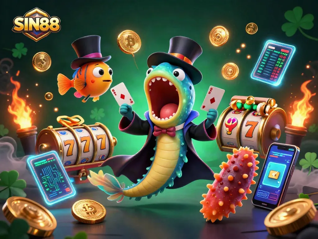 SIN88's exciting casino world springs to life with enchanting characters performing magic tricks amidst gambling elements.