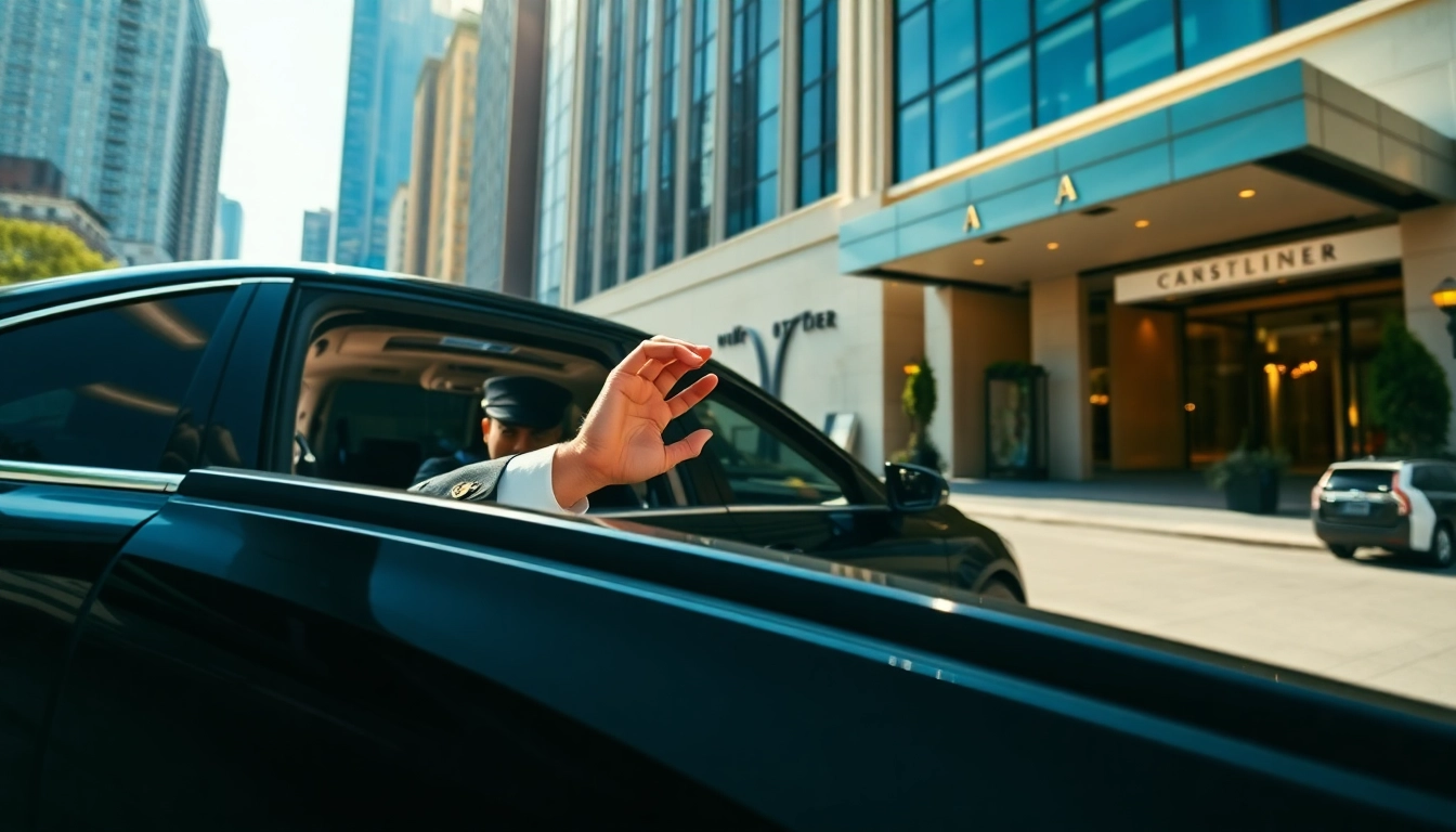 Chauffeur Hire service with a professional driver and luxurious car parked outside a hotel.