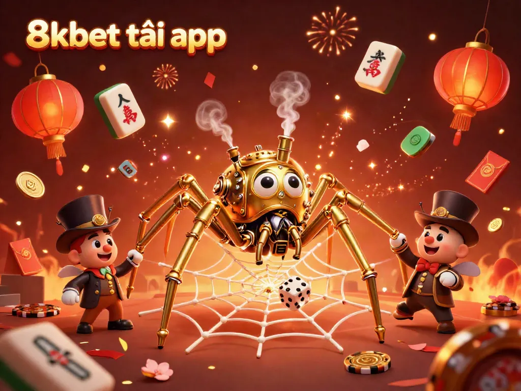 Experience the thrill of 8xbet tải app with a colorful 3D casino-themed illustration depicting steampunk elements.