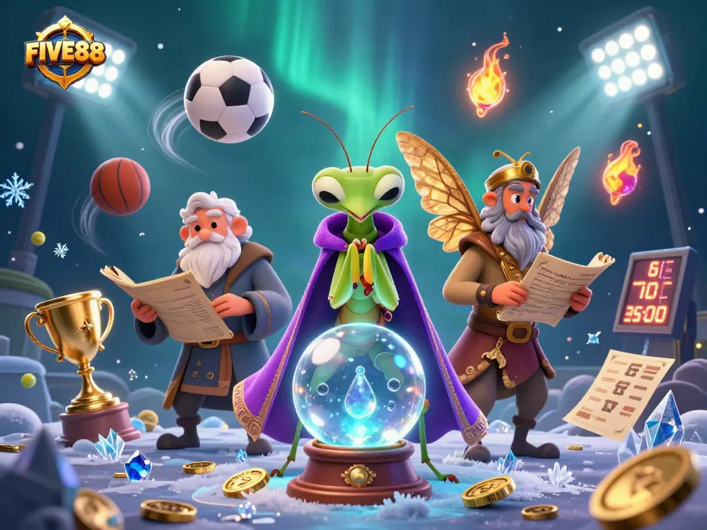 Engage with FIVE88's thrilling casino experience featuring a vibrant fortune teller, moth librarian, and dynamic sports elements.
