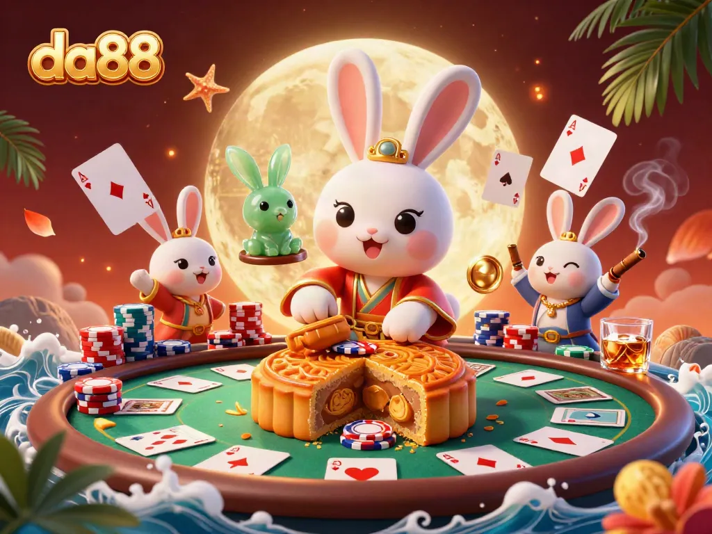 Witness the da88 moon rabbit cracking golden mooncakes for poker chips in a vibrant casino scene.
