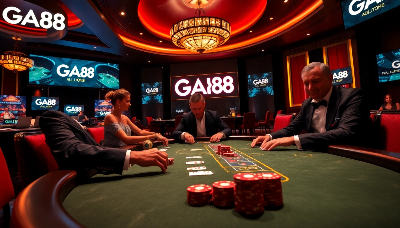 Players engaging in a high-stakes poker game at GA88 casino with vibrant table settings.