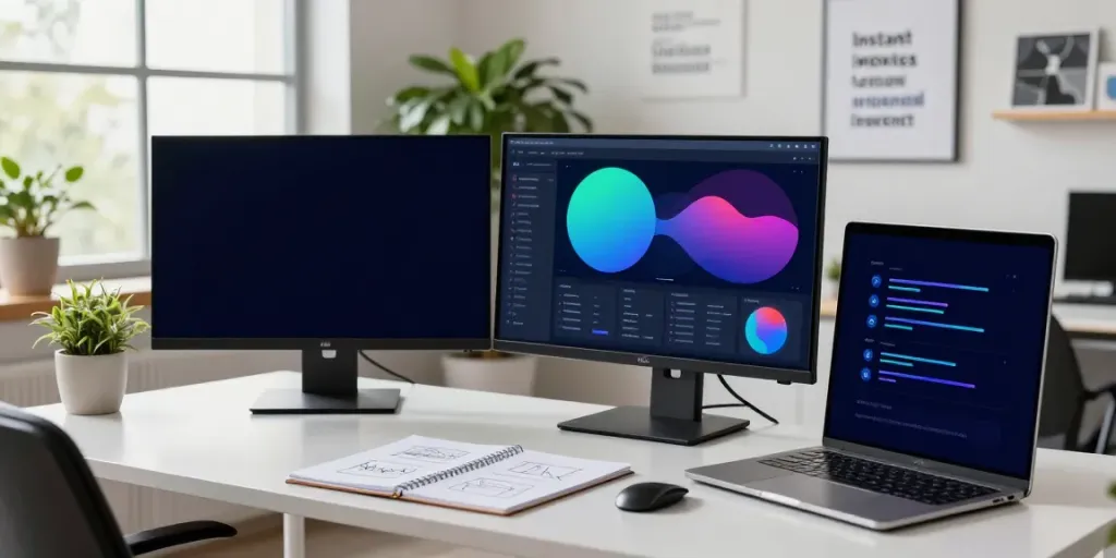 Instant indexing strategies displayed on dual monitors in a modern marketing office.