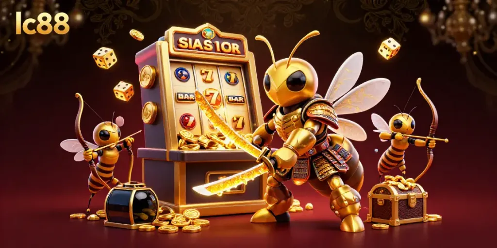 Experience the vibrant lc88 casino scene with golden hornets and dazzling slot machines.