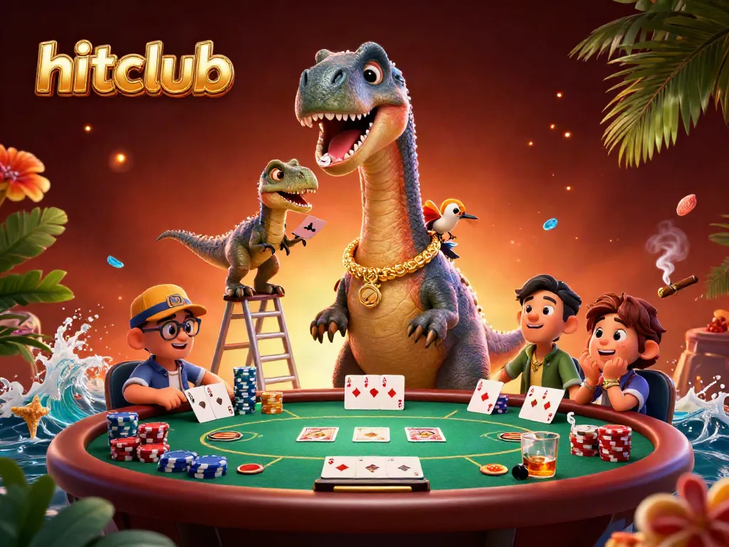 hitclub casino scene with brontosaurus and raptor dealing poker cards, vibrant and detailed illustration