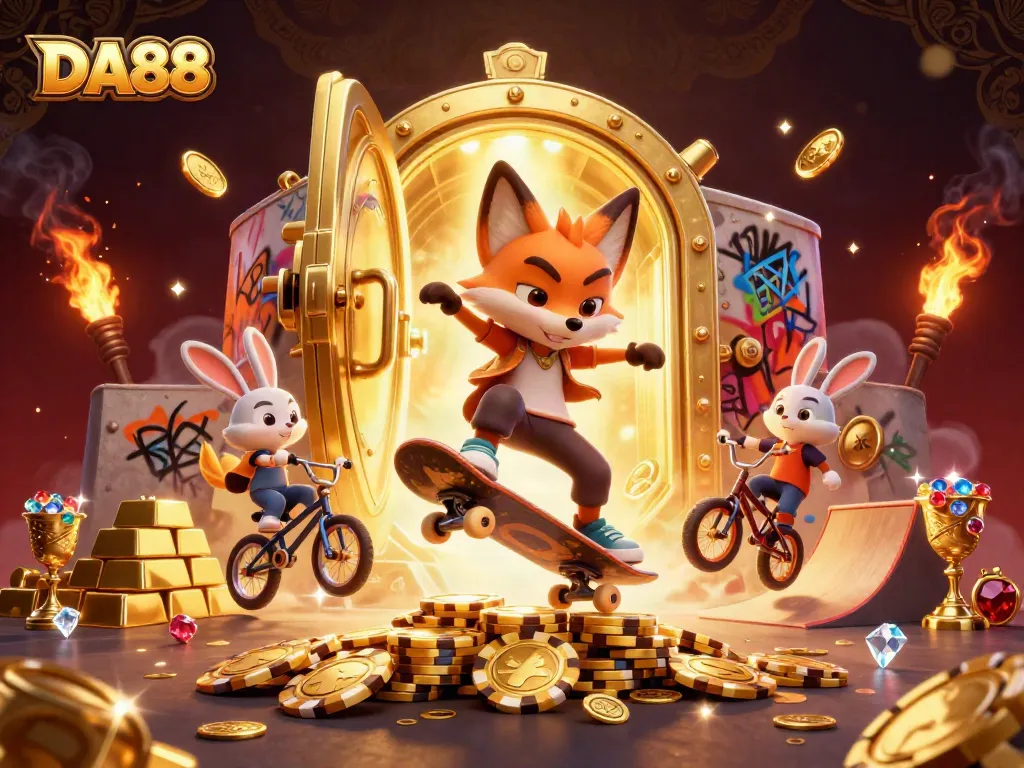 Join DA88's thrilling casino adventure with a skateboarder fox and BMX rabbit amid dramatic casino elements.