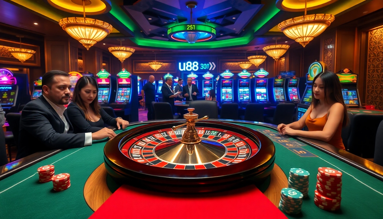 Experience thrilling gameplay with u88 as players engage at a poker table in a vibrant casino atmosphere.