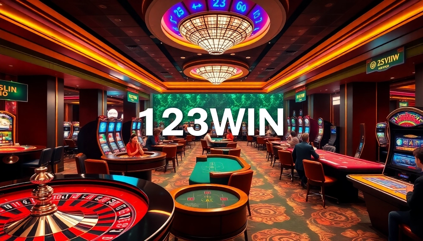 Players enjoying various games at nhà cái 123WIN, showcasing excitement and luxury in a vibrant casino environment.