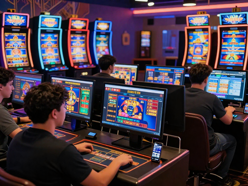 Players enjoying games at non UK licensed casinos on modern devices, vibrant atmosphere and engaging graphics.