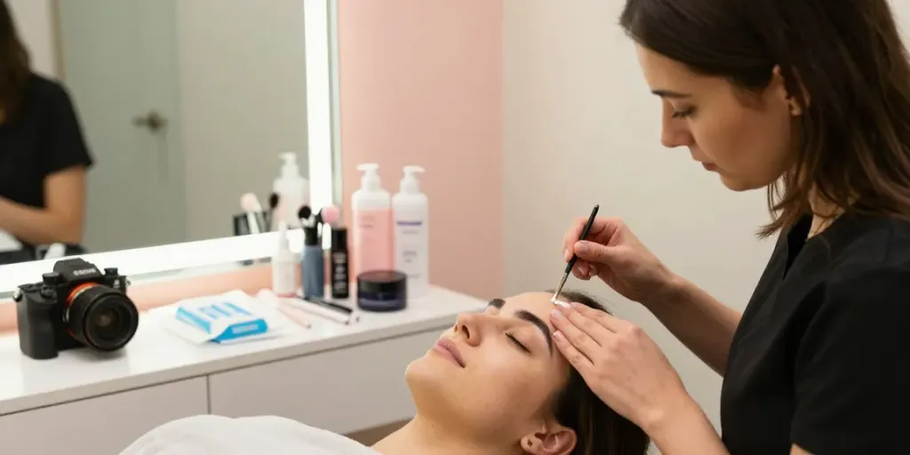 Professional eyebrow threading in Colchester, featuring a beautician skillfully shaping brows for a client.