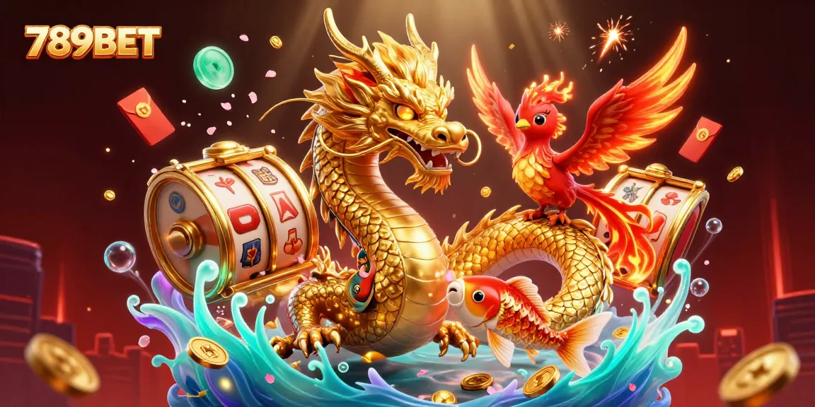 Engage in thrilling gaming at 789BET with a vibrant scene featuring dragons, phoenixes, and coins.
