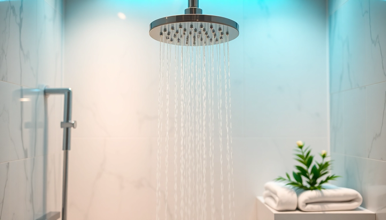 Explore elegant showers UK with a luxurious rain showerhead in a modern bathroom design.