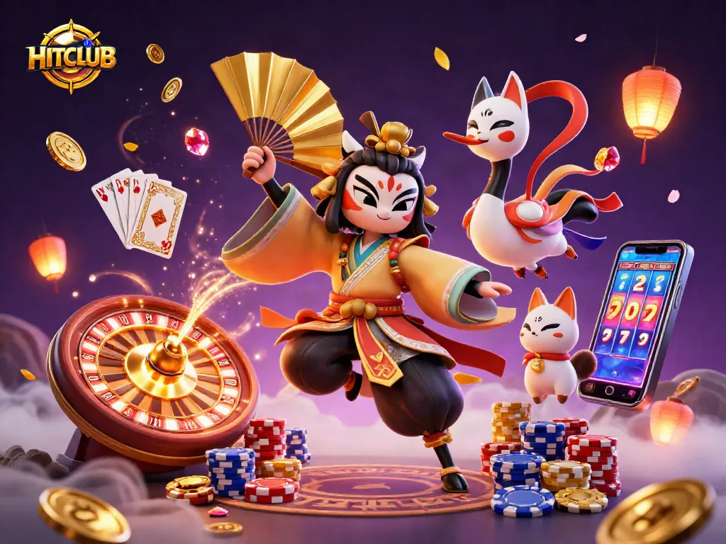 Immerse in HITCLUB’s vibrant casino scene with kabuki warrior and lively gaming elements.